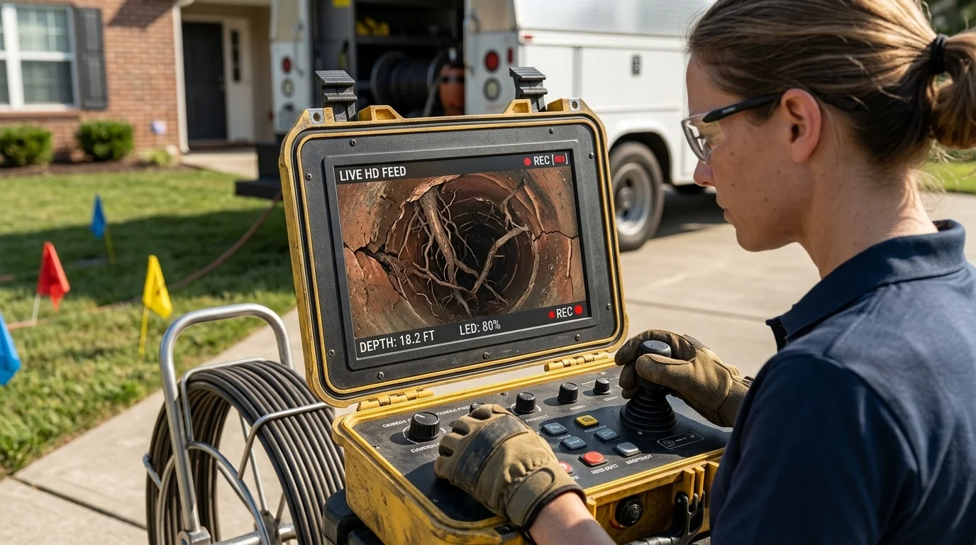 Licensed Trenchless Master Technician Team in Workspace analyzing sewer monitor