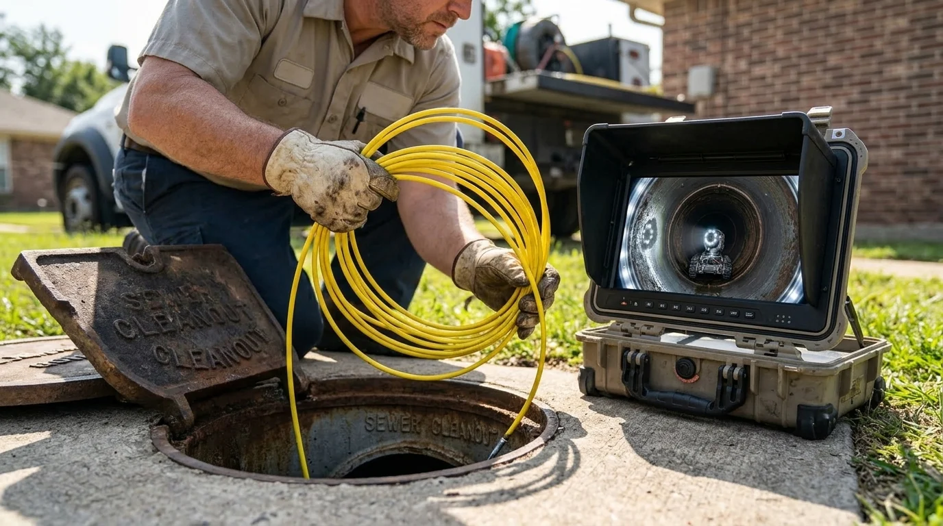 Technician Feeding Fiber Optic Push Rod Camera into Cleanout